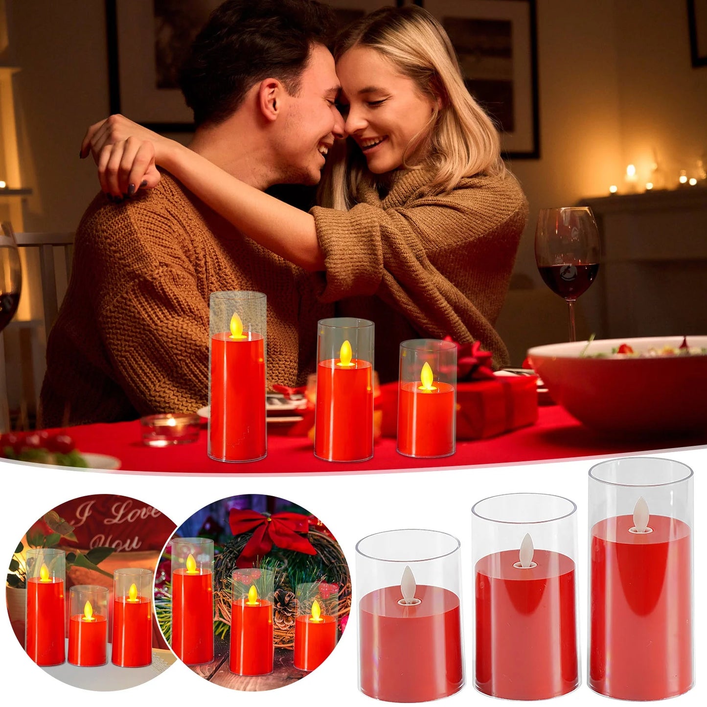 TechLifestyle Flameless LED Pillar Candle – Battery Operated Red Candle with Realistic Flickering Flame for Weddings & Gifts (3 pcs)