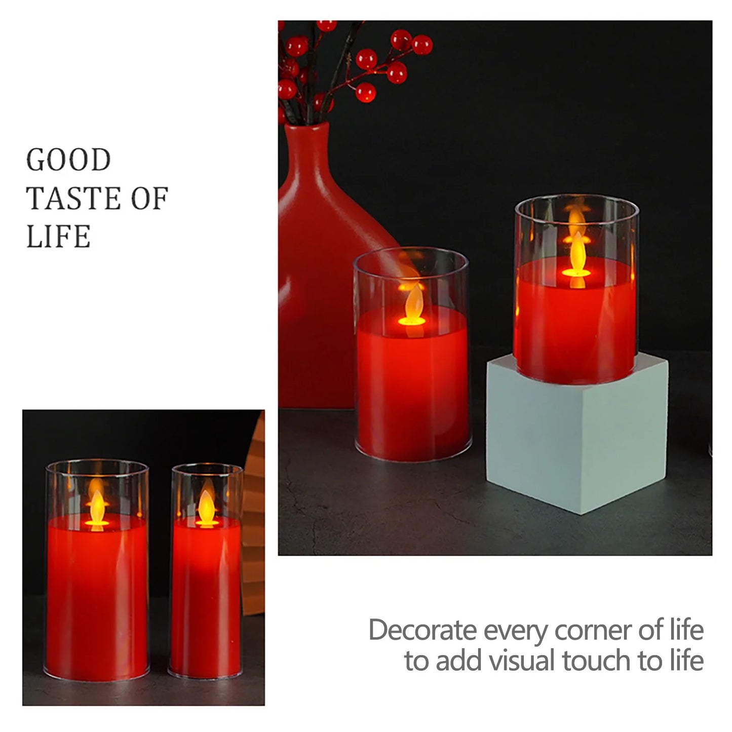 TechLifestyle Flameless LED Pillar Candle – Battery Operated Red Candle with Realistic Flickering Flame for Weddings & Gifts (3 pcs)