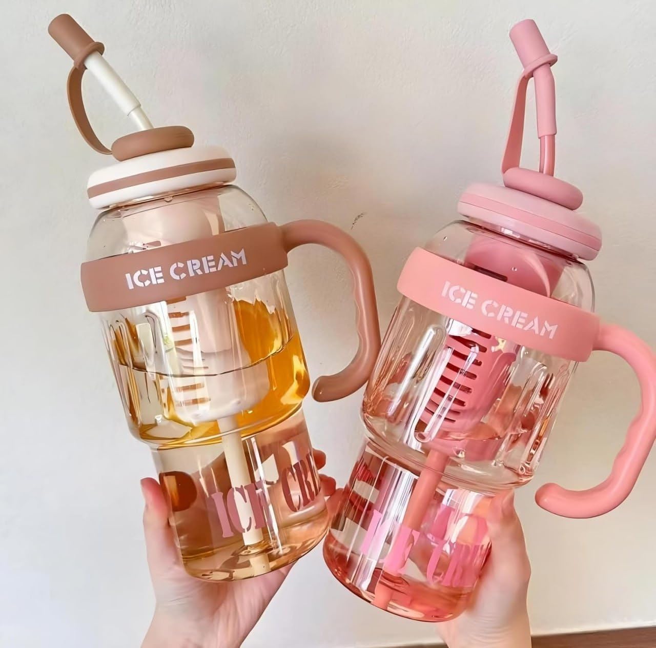 1300ml Ice Cream-Themed Water Bottle with Straw & Handle – Leak-Proof, Transparent Tumbler for Gym, Sports, Outdoor, Camping, and Tea Infusion (Colour as per availability)