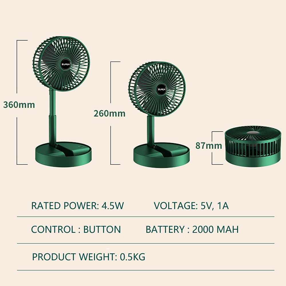 Portable Folding Pedestal Fan, 6.5-Inch Rechargeable USB Desk Fan with 3 Speeds and 2000mAh Battery, Adjustable and Compact for Home, Office, Camping, and Travel Use