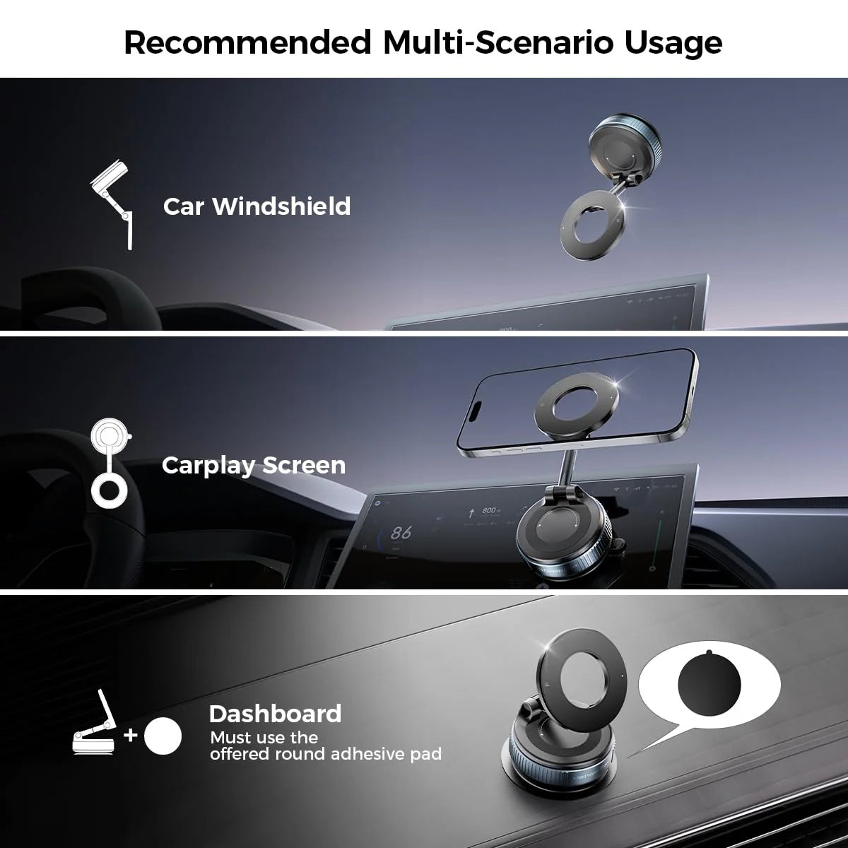 Magnetic Car Phone Mount with Vacuum Suction – 360° Rotation, Strong Grip for Dashboard & Windshield