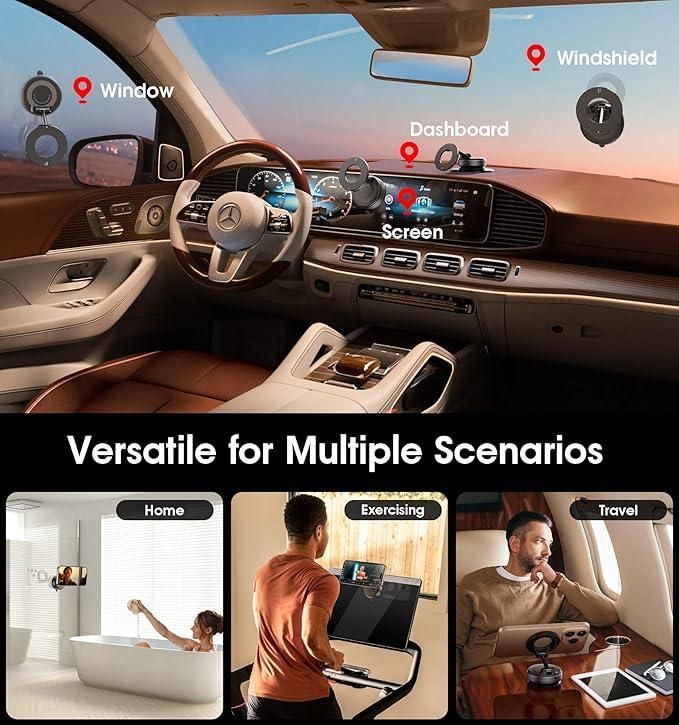 Magnetic Car Phone Mount with Vacuum Suction – 360° Rotation, Strong Grip for Dashboard & Windshield