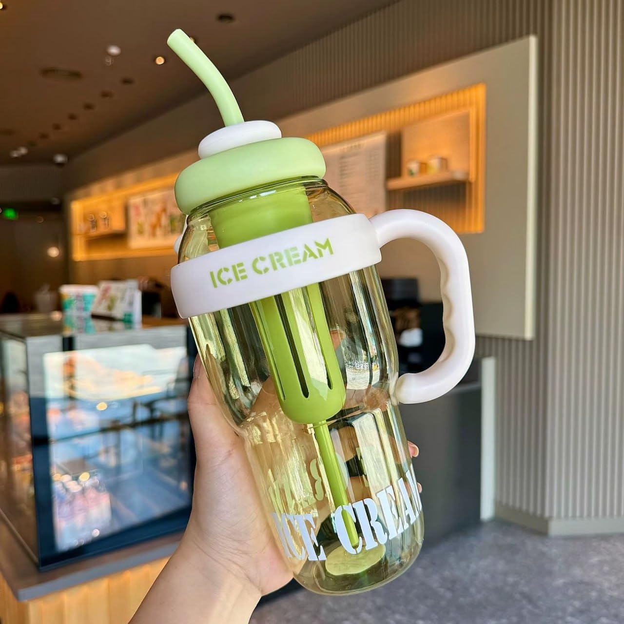 1300ml Ice Cream-Themed Water Bottle with Straw & Handle – Leak-Proof, Transparent Tumbler for Gym, Sports, Outdoor, Camping, and Tea Infusion (Colour as per availability)
