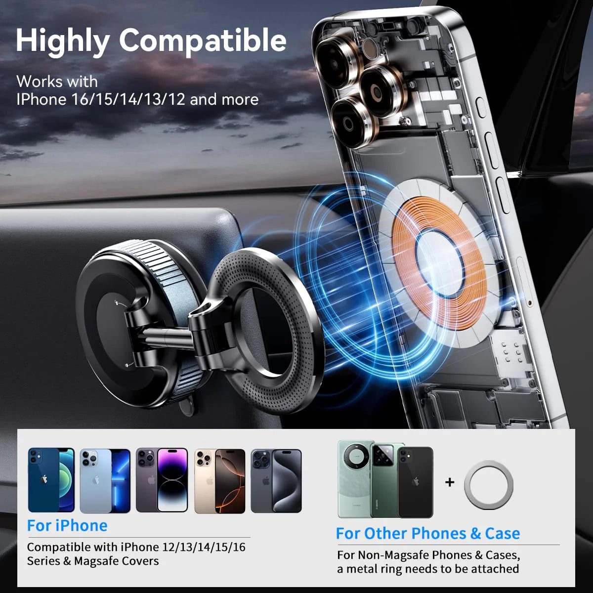 Magnetic Car Phone Mount with Vacuum Suction – 360° Rotation, Strong Grip for Dashboard & Windshield