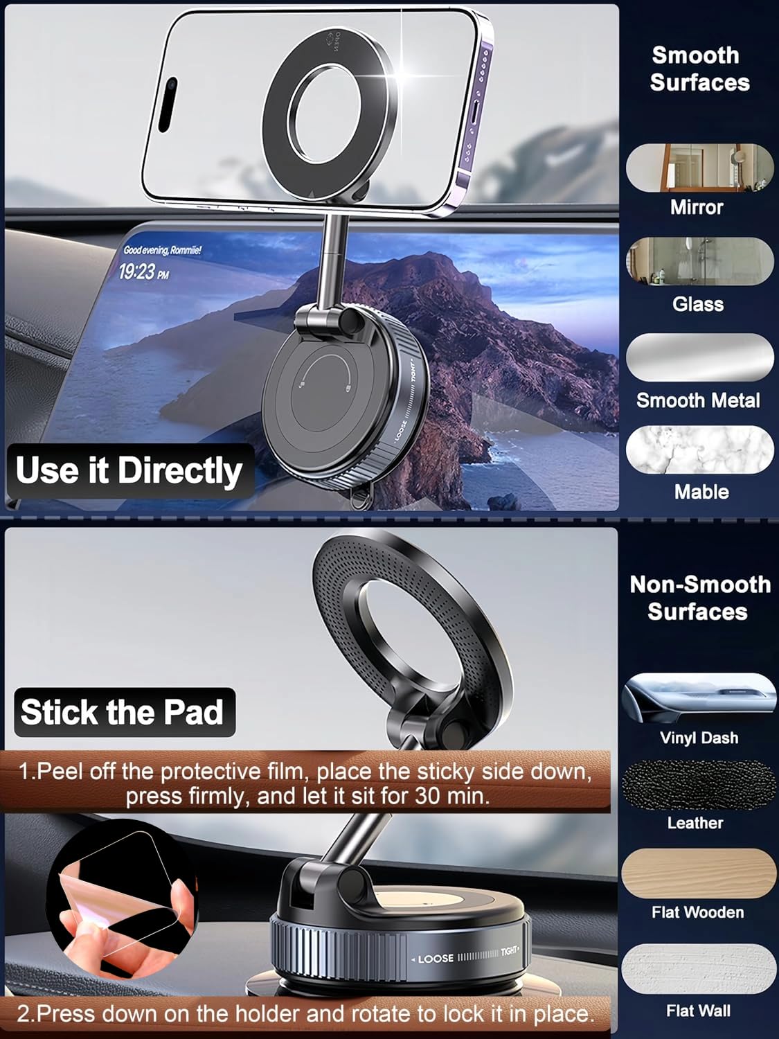 Magnetic Car Phone Mount with Vacuum Suction – 360° Rotation, Strong Grip for Dashboard & Windshield