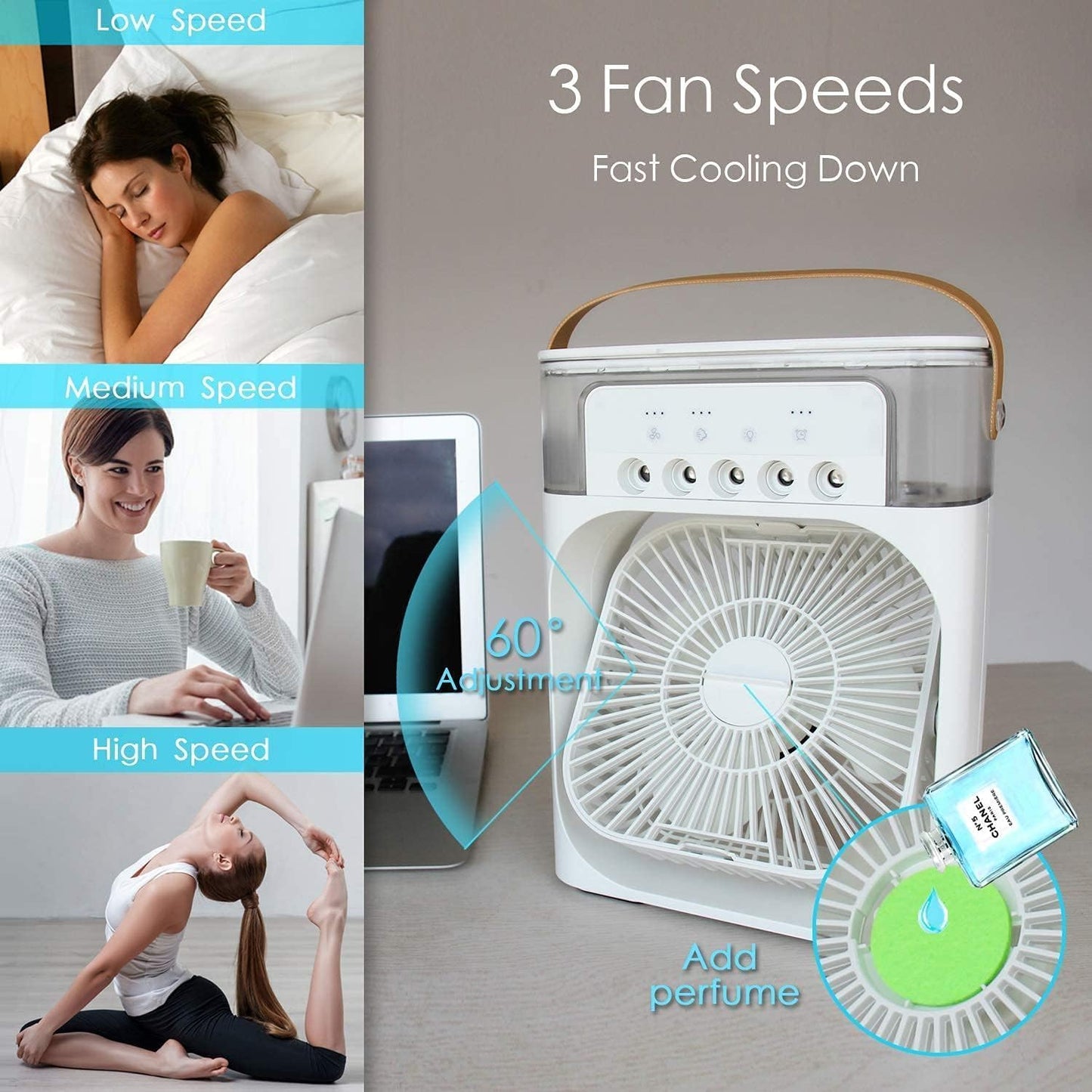 Portable Mini Air Cooler with LED Lights – 3 Speeds, 3 Spray Modes, Timer – Compact AC Fan for Room, Office, Dorm & Travel (Multicolor)