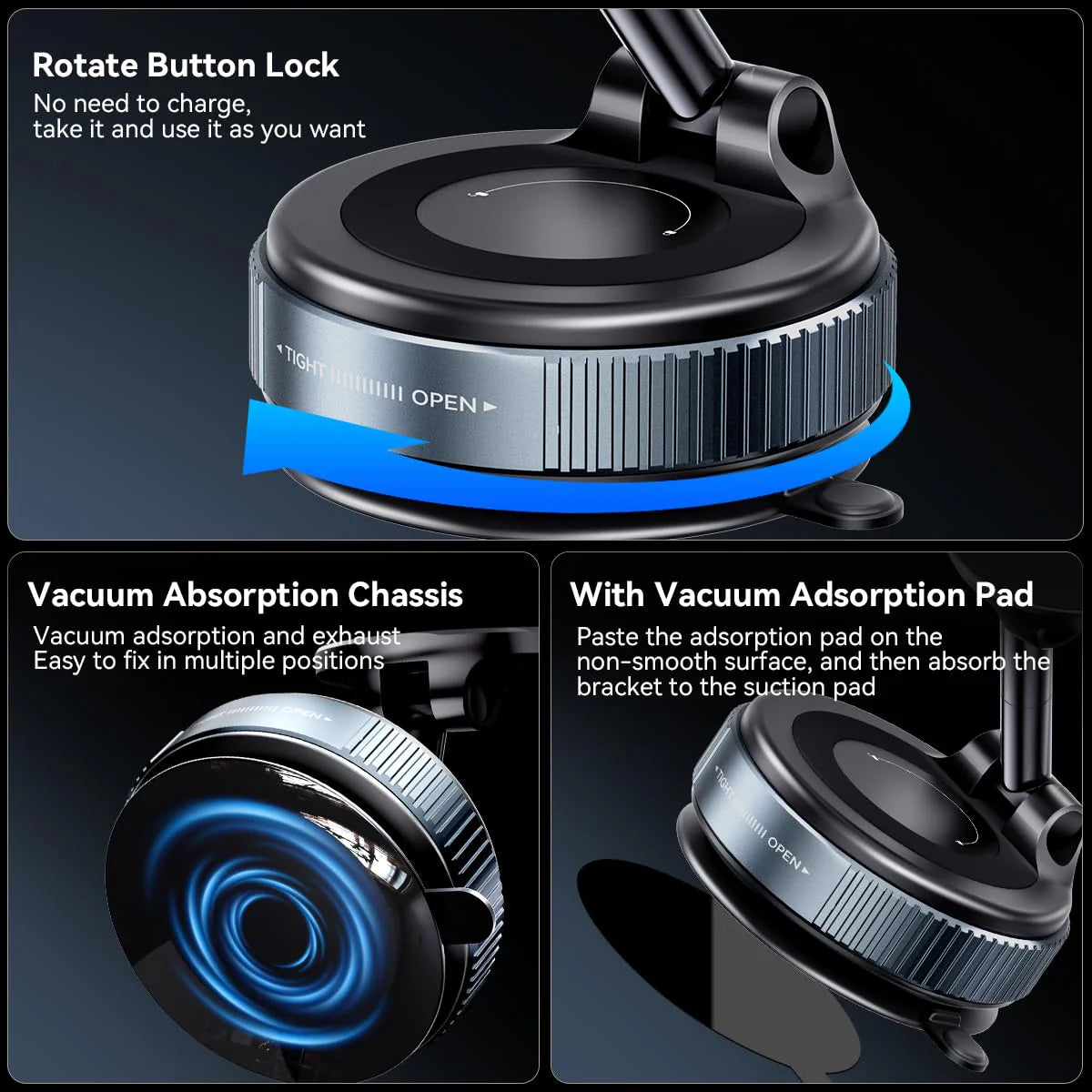 Magnetic Car Phone Mount with Vacuum Suction – 360° Rotation, Strong Grip for Dashboard & Windshield