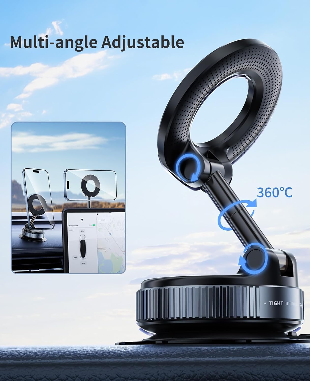Magnetic Car Phone Mount with Vacuum Suction – 360° Rotation, Strong Grip for Dashboard & Windshield