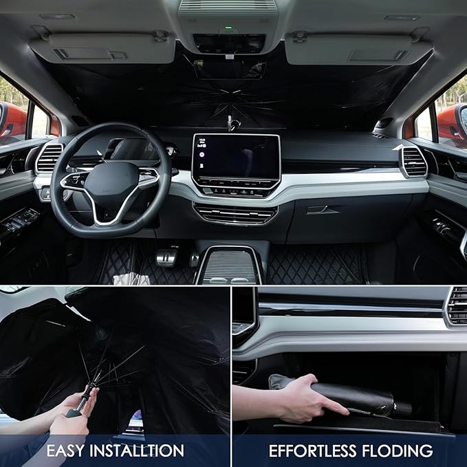 Foldable Car Windshield Sun Shade – Umbrella Design for Full Front Window Coverage, Heat & UV Protection for Most Vehicles