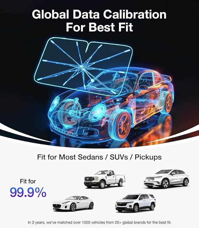 Foldable Car Windshield Sun Shade – Umbrella Design for Full Front Window Coverage, Heat & UV Protection for Most Vehicles