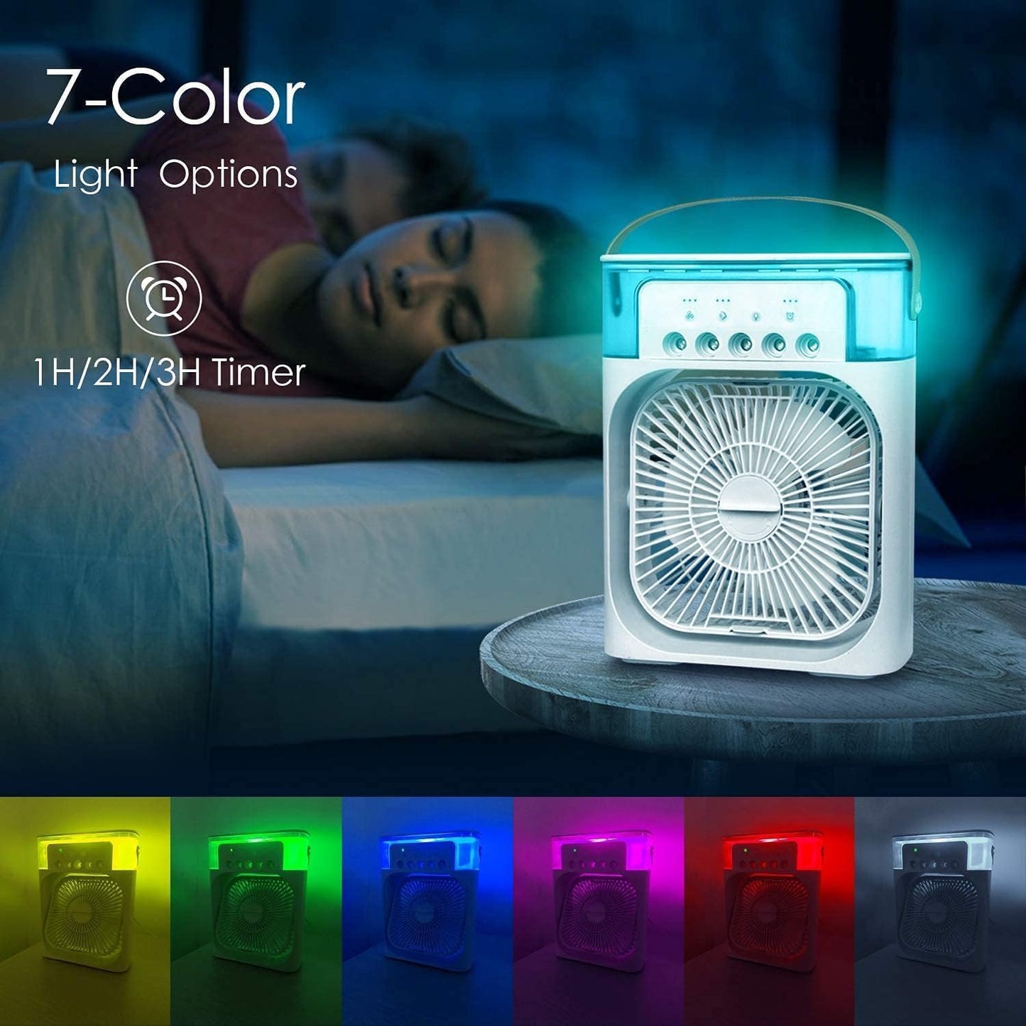 Portable Mini Air Cooler with LED Lights – 3 Speeds, 3 Spray Modes, Timer – Compact AC Fan for Room, Office, Dorm & Travel (Multicolor)