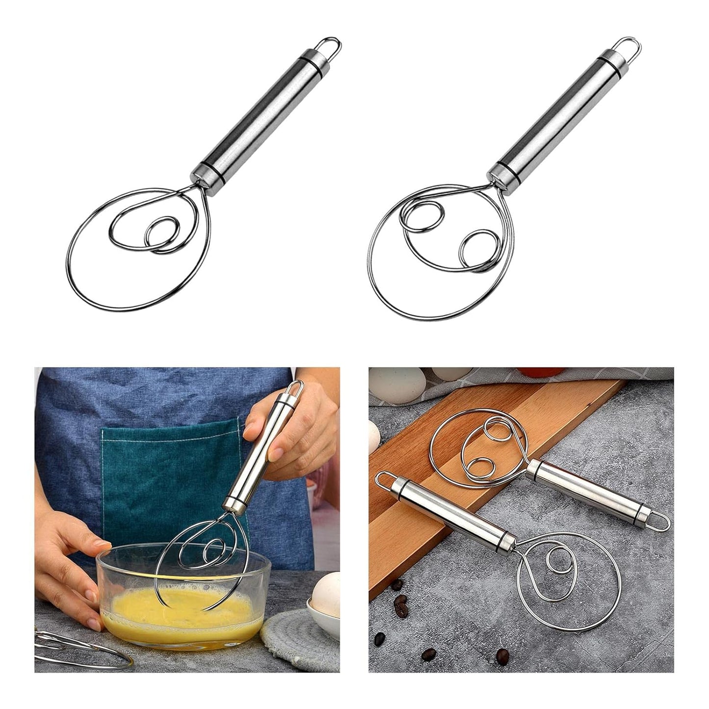 Stainless Steel Dough Whisk – Heavy-Duty Handheld Mixer for Bread, Biscuit, Cake & Cookie Dough – Ideal Kitchen Baking Tool (73g) (2pcs)