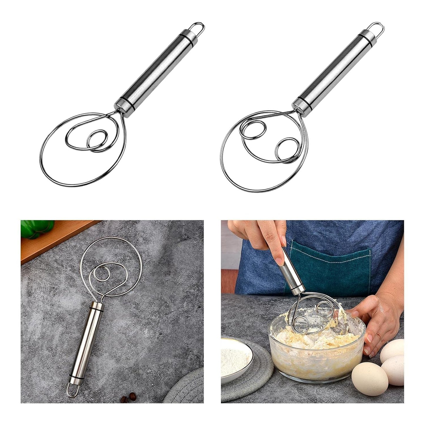 Stainless Steel Dough Whisk – Heavy-Duty Handheld Mixer for Bread, Biscuit, Cake & Cookie Dough – Ideal Kitchen Baking Tool (73g) (2pcs)