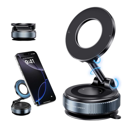 Magnetic Car Phone Mount with Vacuum Suction – 360° Rotation, Strong Grip for Dashboard & Windshield
