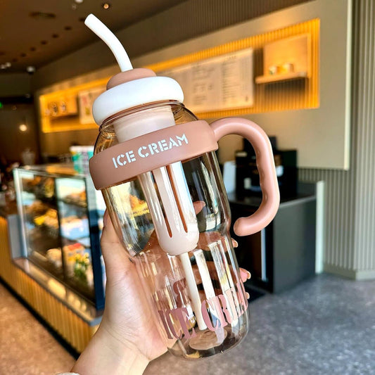 1300ml Ice Cream-Themed Water Bottle with Straw & Handle – Leak-Proof, Transparent Tumbler for Gym, Sports, Outdoor, Camping, and Tea Infusion (Colour as per availability)