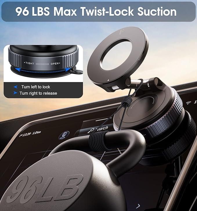 Magnetic Car Phone Mount with Vacuum Suction – 360° Rotation, Strong Grip for Dashboard & Windshield
