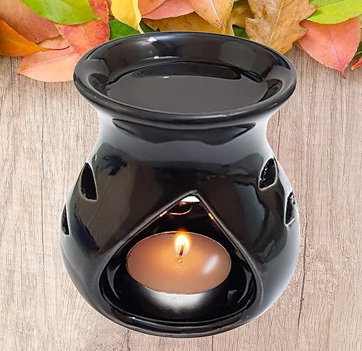 Pure Source India Ceramic Clay Oil Burner Aroma Diffuser (Black) -Set of 2